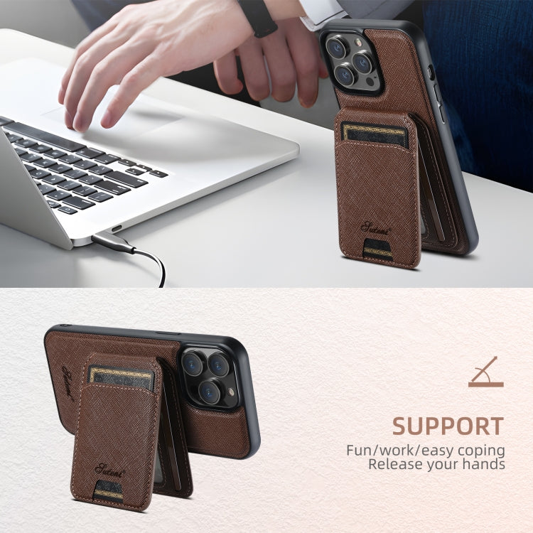 For iPhone 16 Pro Max Suteni H18 Cross Grain MagSafe Wallet Leather Phone Case(Brown)