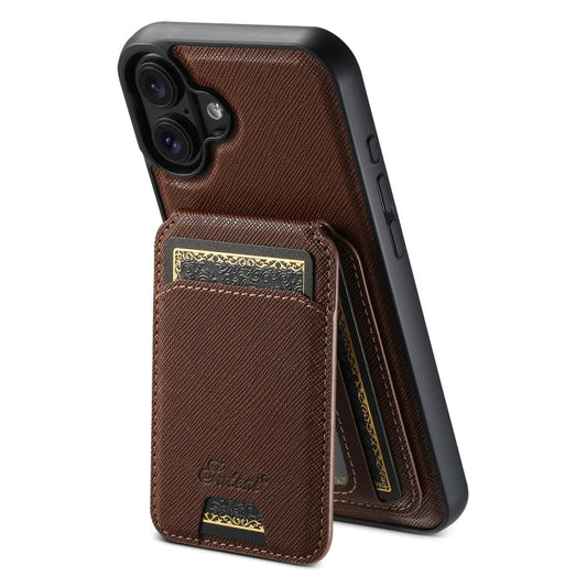 For iPhone 16 Plus Suteni H18 Cross Grain MagSafe Wallet Leather Phone Case(Brown)