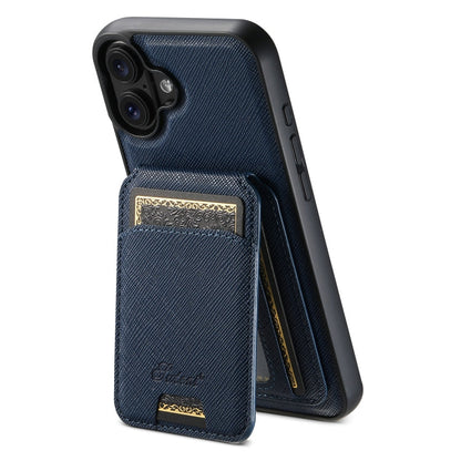 For iPhone 16 Plus Suteni H18 Cross Grain MagSafe Wallet Leather Phone Case(Blue)