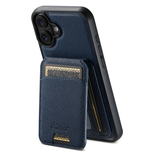 For iPhone 16 Plus Suteni H18 Cross Grain MagSafe Wallet Leather Phone Case(Blue)