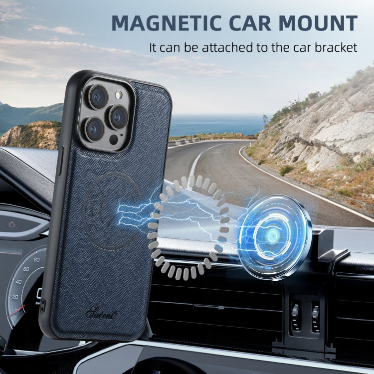 For iPhone 16 Pro Suteni H18 Cross Grain MagSafe Wallet Leather Phone Case(Blue)