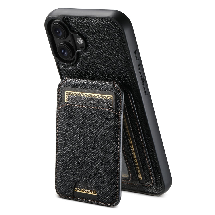 Pour iPhone 16 Étui portefeuille en cuir Suteni H18 à grain croisé compatible MagSafe (noir)