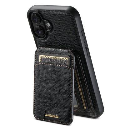 Pour iPhone 16 Étui portefeuille en cuir Suteni H18 à grain croisé compatible MagSafe (noir)
