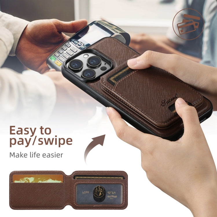 For iPhone 16 Suteni H18 Cross Grain MagSafe Wallet Leather Phone Case(Brown)