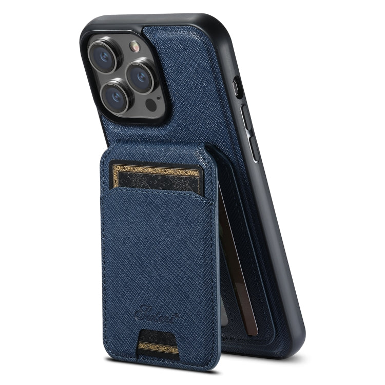 Pour iPhone 15 Pro Max Étui portefeuille en cuir Suteni H18 Cross Grain MagSafe (bleu)