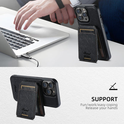 For iPhone 15 Plus Suteni H18 Cross Grain MagSafe Wallet Leather Phone Case(Black)