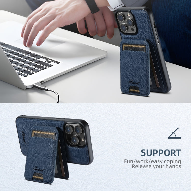 For iPhone 15 Plus Suteni H18 Cross Grain MagSafe Wallet Leather Phone Case(Blue)