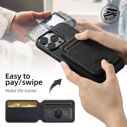 For iPhone 15 Pro Suteni H18 Cross Grain MagSafe Wallet Leather Phone Case(Black)