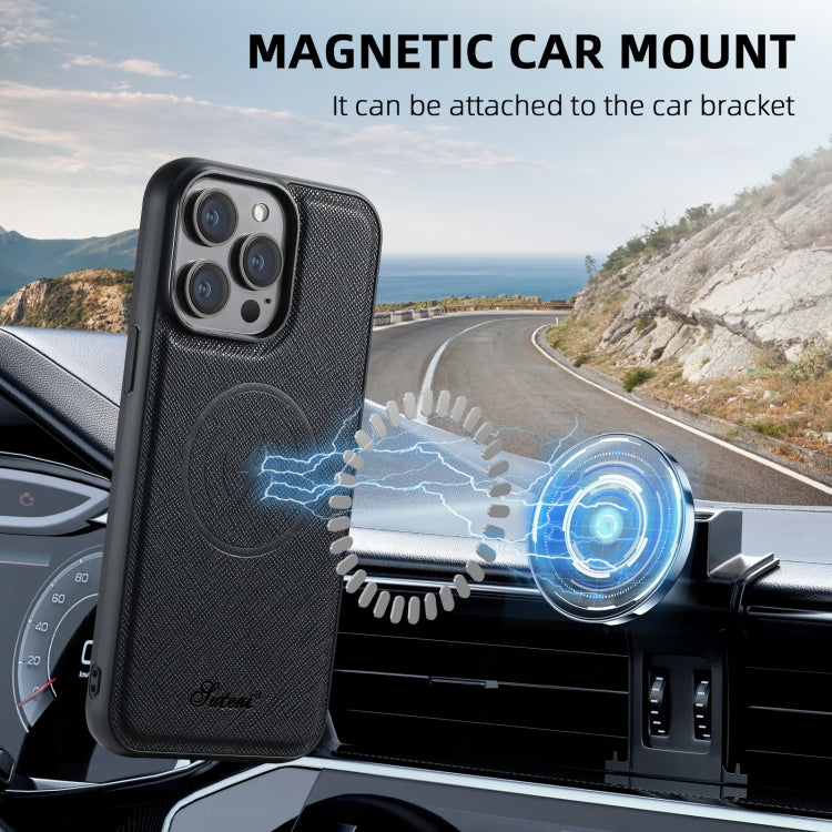 For iPhone 15 Pro Suteni H18 Cross Grain MagSafe Wallet Leather Phone Case(Black)