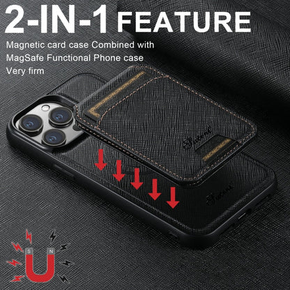 For iPhone 15 Pro Suteni H18 Cross Grain MagSafe Wallet Leather Phone Case(Black)