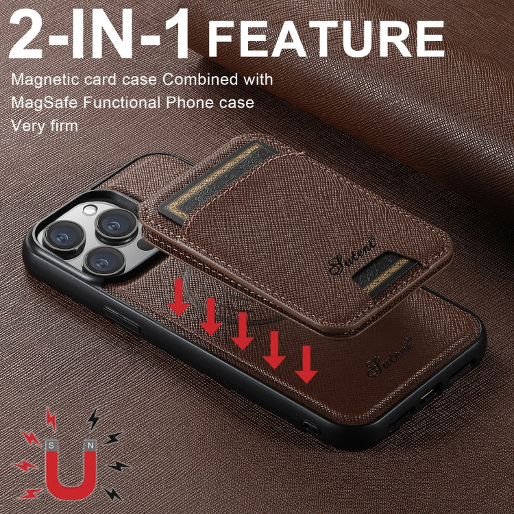 For iPhone 15 Pro Suteni H18 Cross Grain MagSafe Wallet Leather Phone Case(Brown)