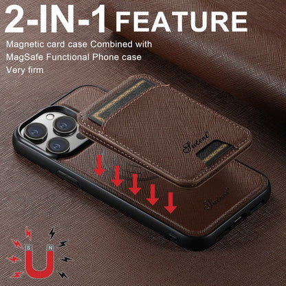 For iPhone 15 Pro Suteni H18 Cross Grain MagSafe Wallet Leather Phone Case(Brown)