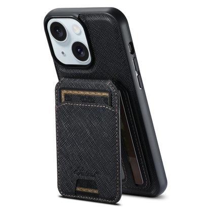 For iPhone 15 Suteni H18 Cross Grain MagSafe Wallet Leather Phone Case(Black)
