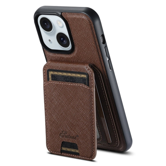 For iPhone 15 Suteni H18 Cross Grain MagSafe Wallet Leather Phone Case(Brown)