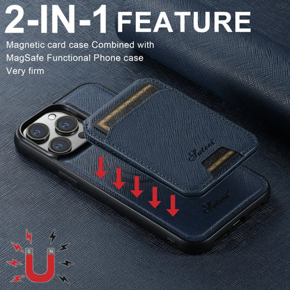 For iPhone 15 Suteni H18 Cross Grain MagSafe Wallet Leather Phone Case(Blue)