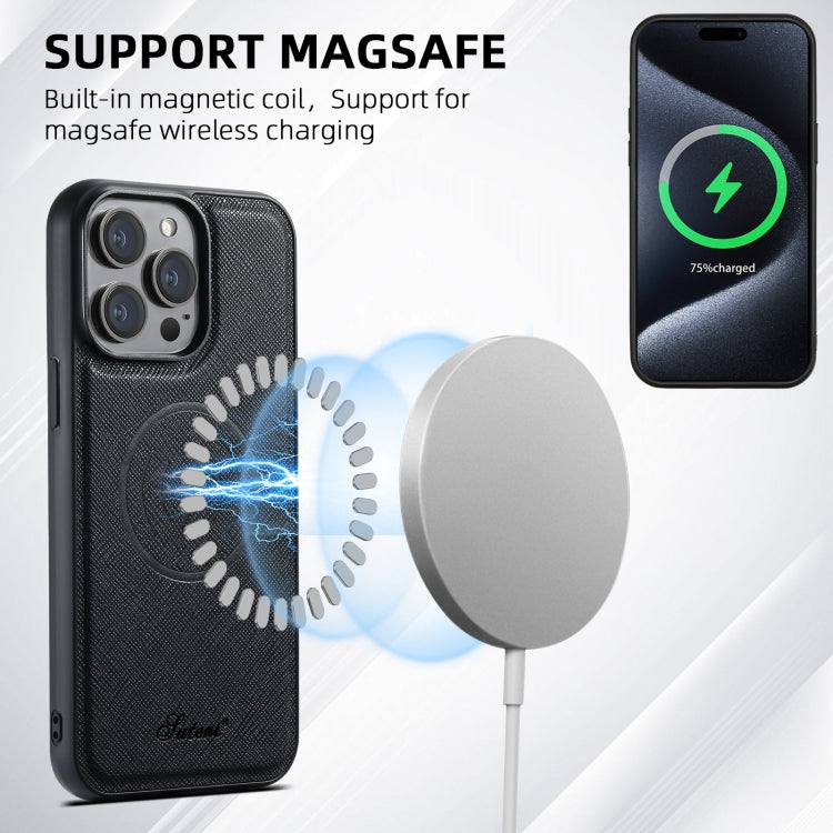 For iPhone 14 Pro Max Suteni H18 Cross Grain MagSafe Wallet Leather Phone Case(Black)