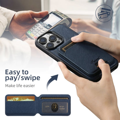 For iPhone 14 Pro Max Suteni H18 Cross Grain MagSafe Wallet Leather Phone Case(Blue)