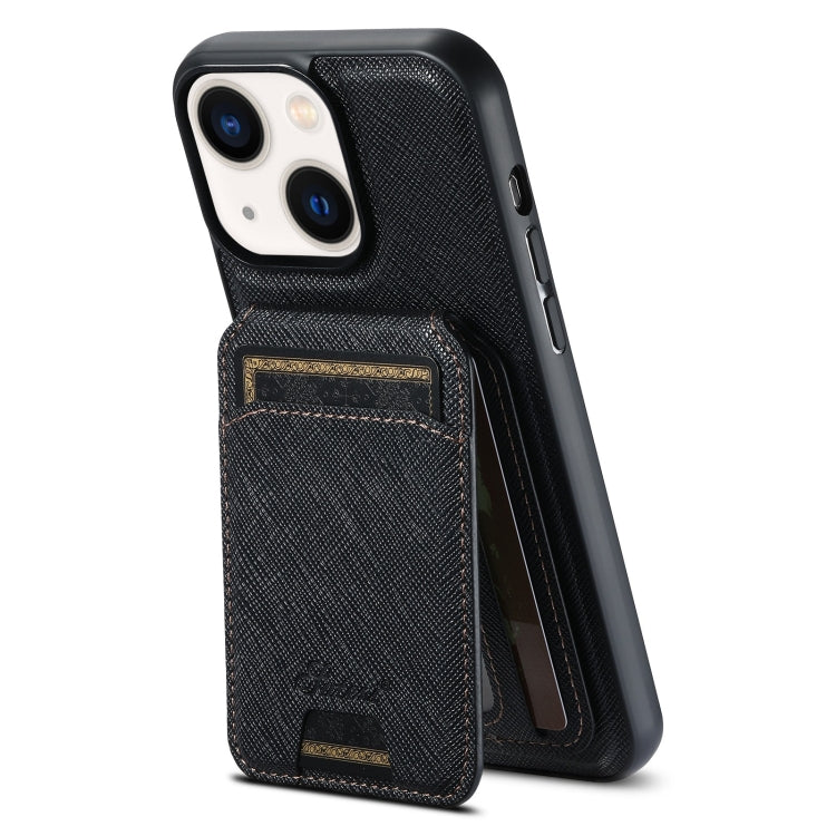 For iPhone 13 Suteni H18 Cross Grain MagSafe Wallet Leather Phone Case(Black)