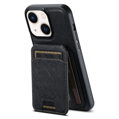 For iPhone 13 Suteni H18 Cross Grain MagSafe Wallet Leather Phone Case(Black)