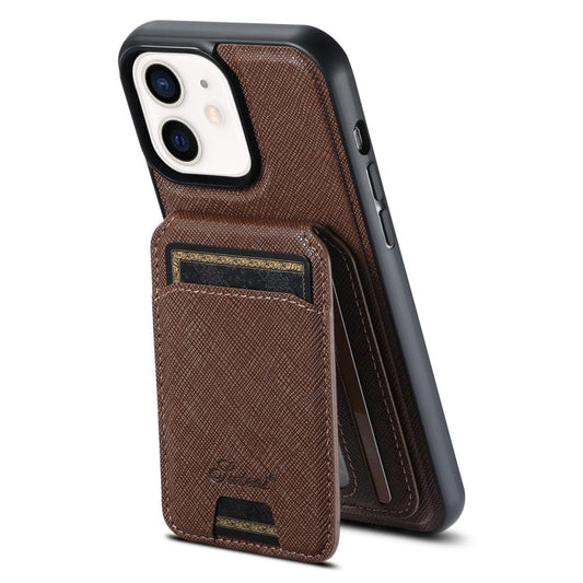 Pour iPhone 12 Suteni H18 Étui portefeuille en cuir grain croisé MagSafe (Marron)