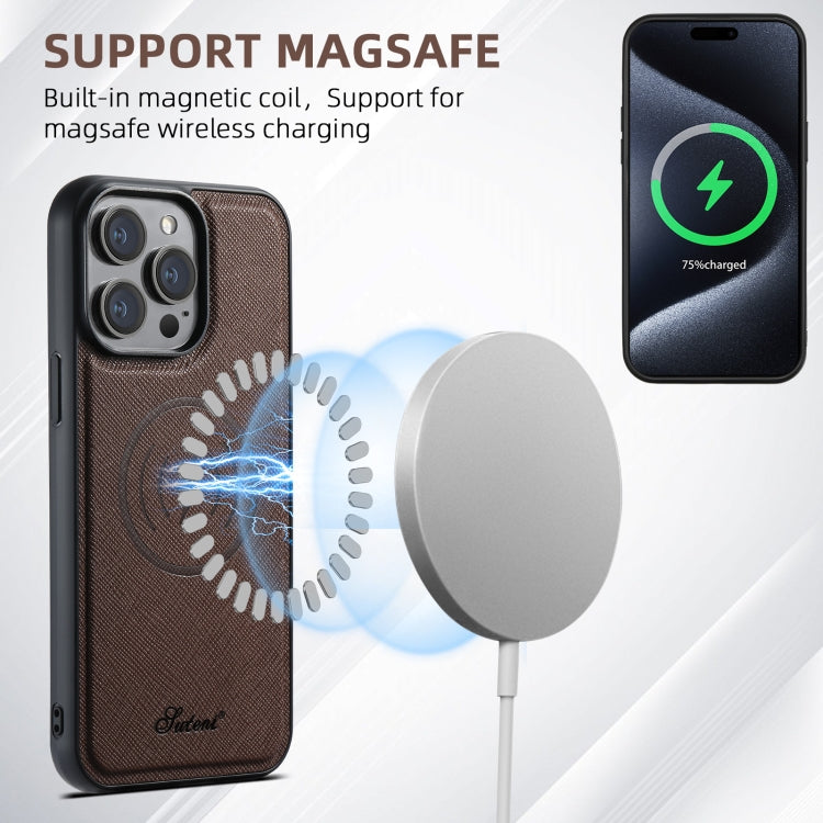 For iPhone 12 Suteni H18 Cross Grain MagSafe Wallet Leather Phone Case(Brown)