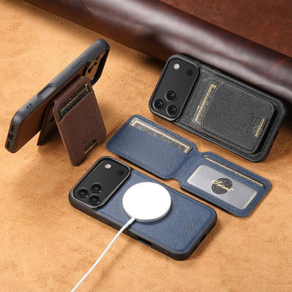 For iPhone 15 Suteni H18 Cross Grain MagSafe Wallet Leather Phone Case(Blue)