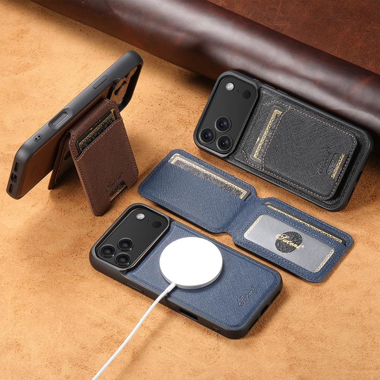 For iPhone 15 Plus Suteni H18 Cross Grain MagSafe Wallet Leather Phone Case(Blue)