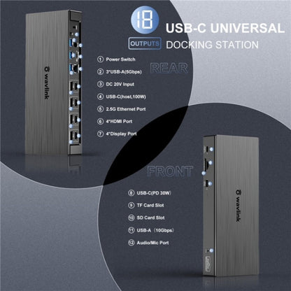 WAVLINK UG69PD8 Pro 18-in-1 DP / HD 5K Quadruple Display USB C Universal Docking Station, Plug:US Plug