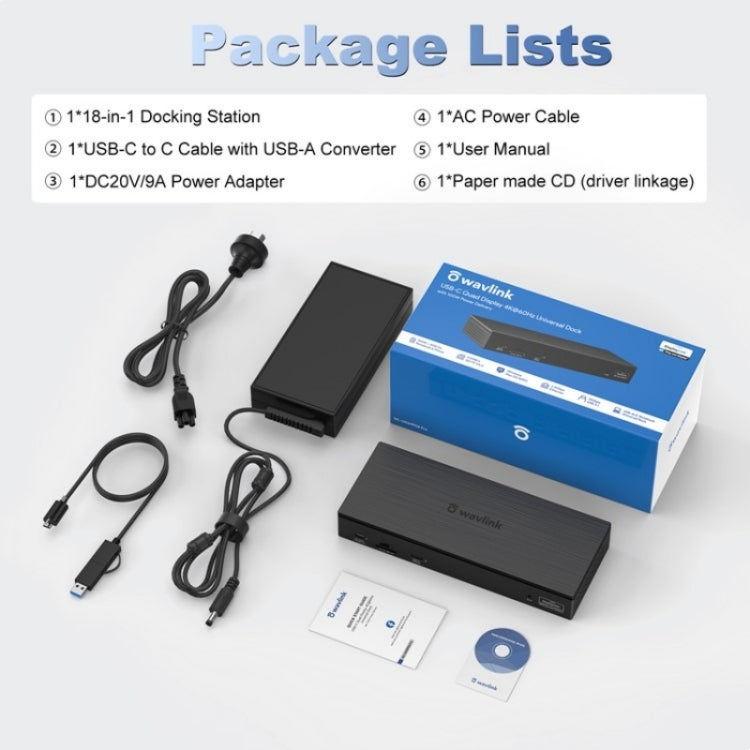 WAVLINK UG69PD8 Pro 18-in-1 DP / HD 5K Quadruple Display USB C Universal Docking Station, Plug:EU Plug