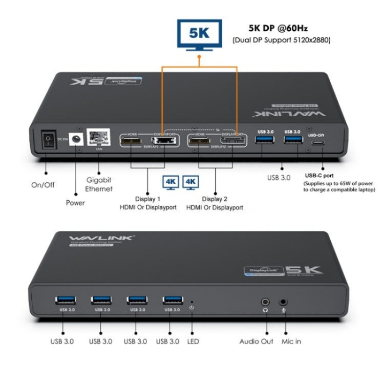 WAVLINK UG69PD6 Dual 4K Laptop Docking Station 5K HD Displaylink 65 / 100W PD Charging, Plug:AU Plug