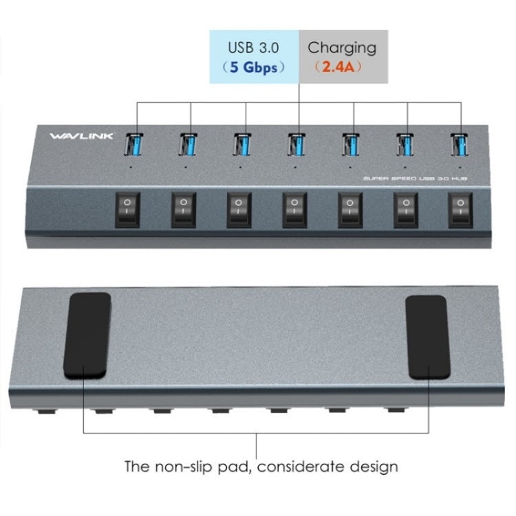 WAVLINK UH3076 5Gbps 7-port USB 3.0 Hub with Independent Switch and LED Indicator(UK Plug)