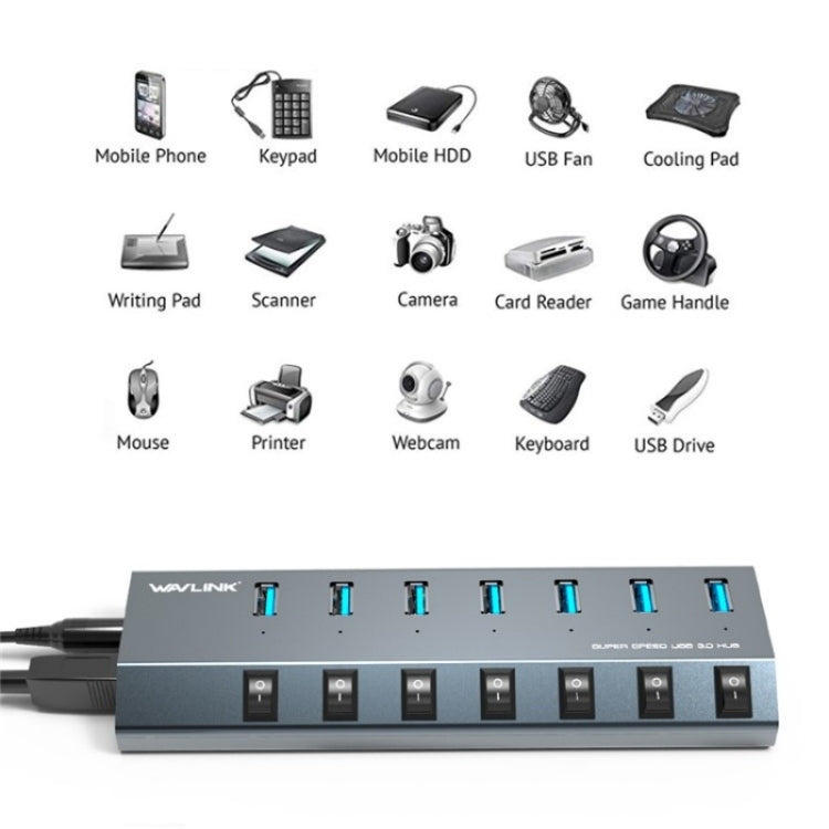 WAVLINK UH3076 5Gbps 7-port USB 3.0 Hub with Independent Switch and LED Indicator(UK Plug)