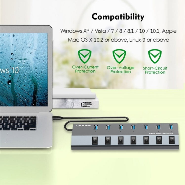 WAVLINK UH3076 5Gbps 7-port USB 3.0 Hub with Independent Switch and LED Indicator(UK Plug)
