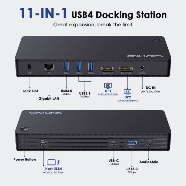 WAVLINK UTD22 Support 96W Laptop Charging USB4 Docking Station Dual Monitor USB-C Hub(US Plug)
