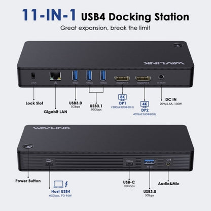 WAVLINK UTD22 Support 96W Laptop Charging USB4 Docking Station Dual Monitor USB-C Hub(UK Plug)