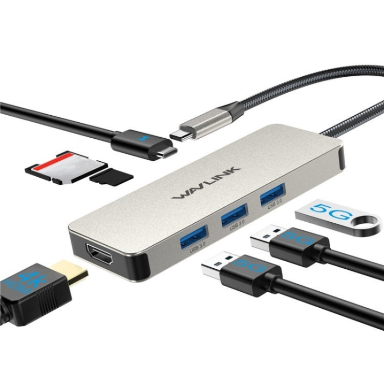 Station d'accueil Type-C WAVLINK UHP3416 7-en-1 PD100W avec lecteur de carte SD/TF et résolution 4K HD (Gris)