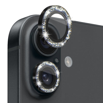 Pour iPhone 16 / 16 Plus Protecteur d'objectif d'appareil photo NORTHJO Glitter Film en verre trempé avec anneau métallique (Noir)