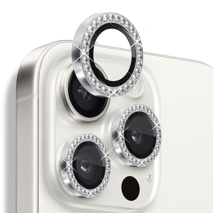 Pour iPhone 16 Pro / 16 Pro Max NORTHJO Protecteur d'objectif d'appareil photo en strass Film en verre trempé avec anneau en métal (argent)