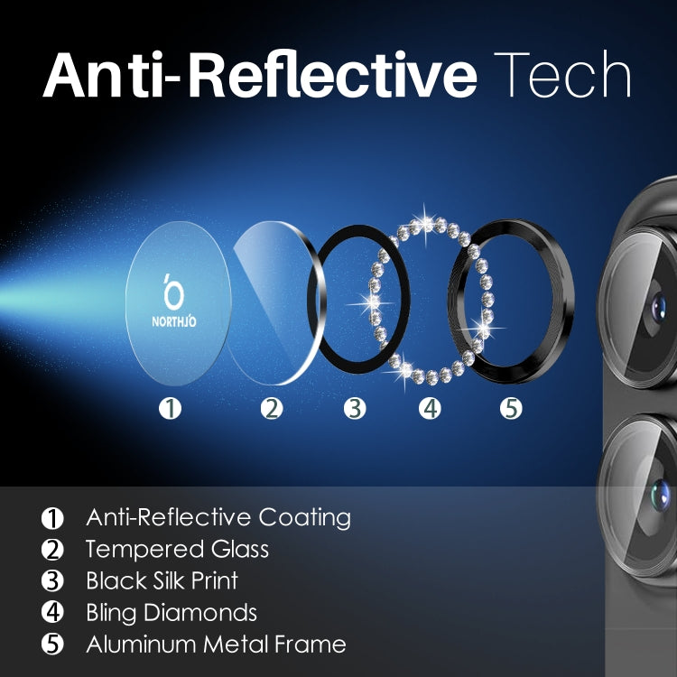 For iPhone 16 / 16 Plus NORTHJO Rhinestone Camera Lens Protector Tempered Glass Metal Ring Film(Graphite)