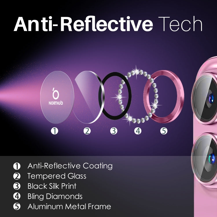For iPhone 16 / 16 Plus NORTHJO Rhinestone Camera Lens Protector Tempered Glass Metal Ring Film(Rose)