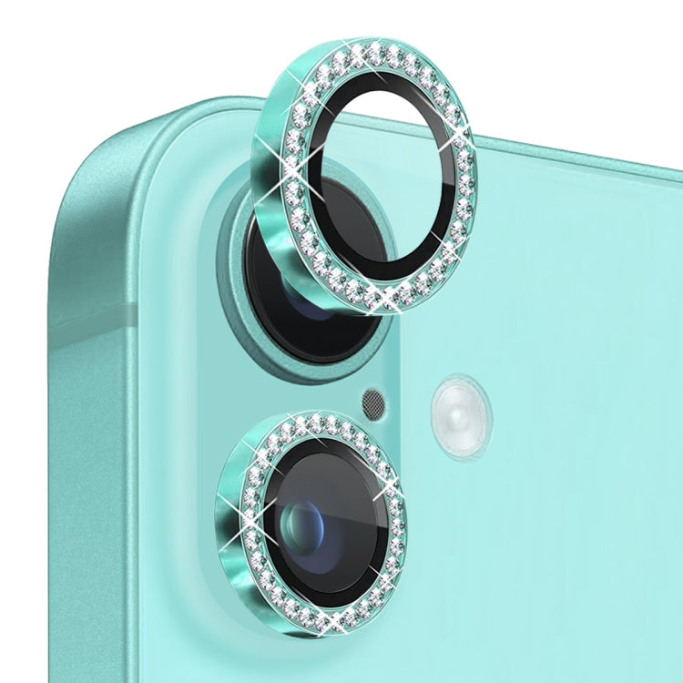 Pour iPhone 16 / 16 Plus NORTHJO Film de protection d'objectif d'appareil photo en strass Verre trempé Anneau métallique (Cyan)