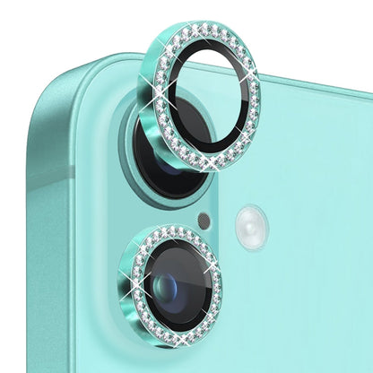 Pour iPhone 16 / 16 Plus NORTHJO Film de protection d'objectif d'appareil photo en strass Verre trempé Anneau métallique (Cyan)
