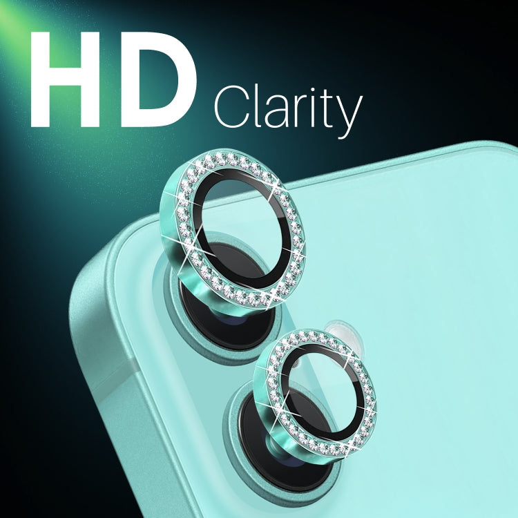Pour iPhone 16 / 16 Plus NORTHJO Film de protection d'objectif d'appareil photo en strass Verre trempé Anneau métallique (Cyan)