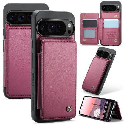 Pour Google Pixel 9 Pro XL Étui CaseMe C22 avec fentes pour cartes et support, étui de téléphone anti-vol RFID (Vin)