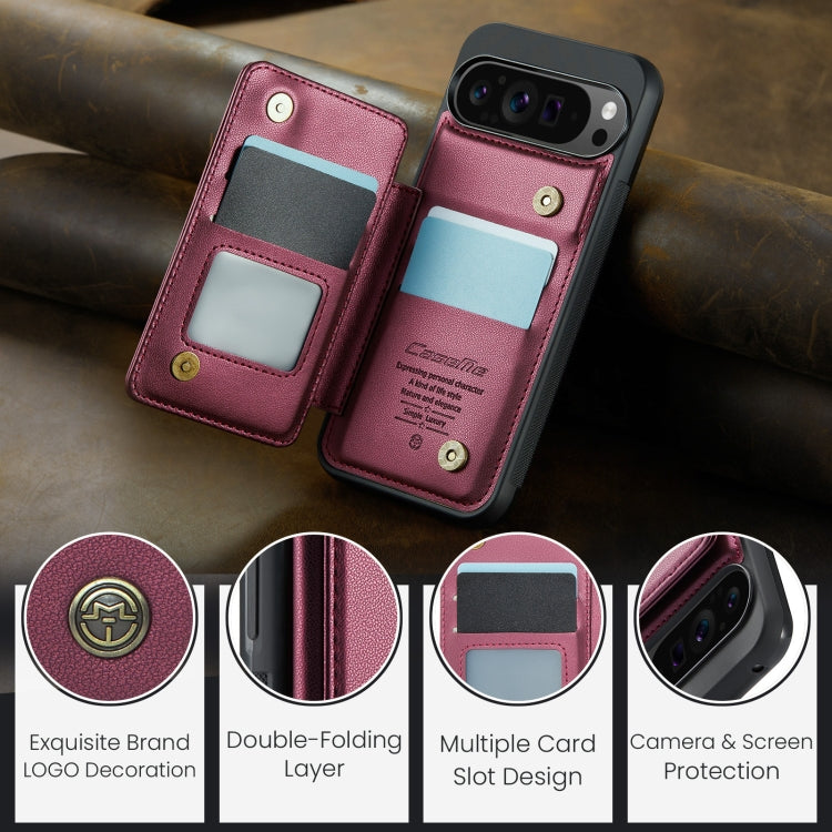 Pour Google Pixel 9 Pro XL Étui CaseMe C22 avec fentes pour cartes et support, étui de téléphone anti-vol RFID (Vin)