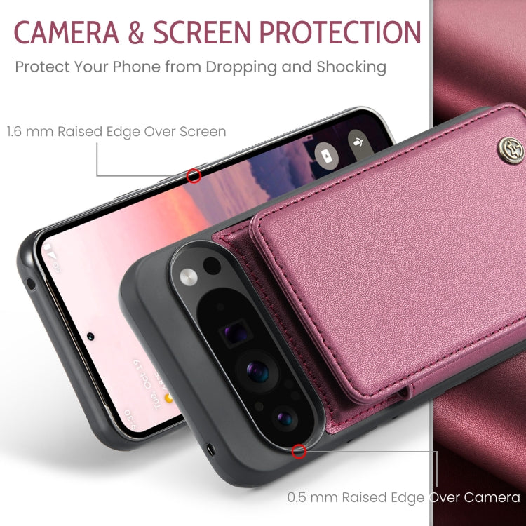 Pour Google Pixel 9 Pro XL Étui CaseMe C22 avec fentes pour cartes et support, étui de téléphone anti-vol RFID (Vin)