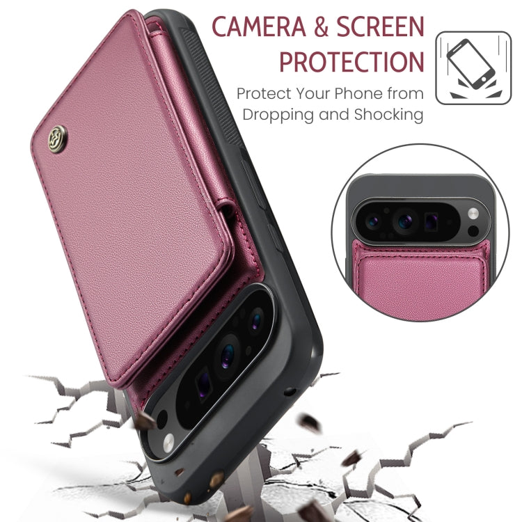 Pour Google Pixel 9 Pro XL Étui CaseMe C22 avec fentes pour cartes et support, étui de téléphone anti-vol RFID (Vin)