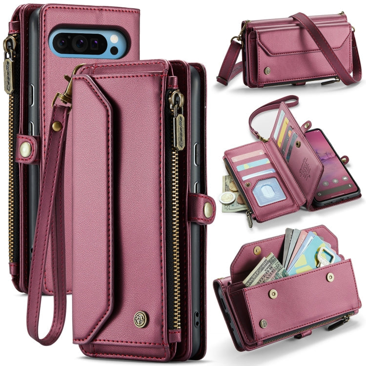Pour Google Pixel 9 Pro XL / 10 Pro XL Étui en cuir avec fermeture éclair, fentes pour cartes, portefeuille et protection RFID anti-vol CaseMe C36 (Vin)