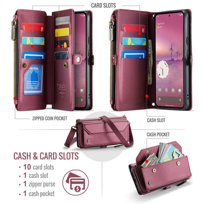 Pour Google Pixel 9 Pro XL / 10 Pro XL Étui en cuir avec fermeture éclair, fentes pour cartes, portefeuille et protection RFID anti-vol CaseMe C36 (Vin)