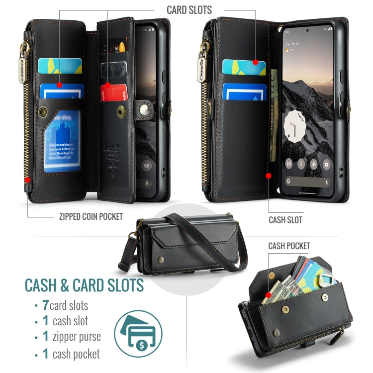 Pour Google Pixel 10 / 10 Pro / 9 Étui portefeuille à fermeture éclair avec fentes pour cartes CaseMe C36 en cuir antivol RFID (Noir)